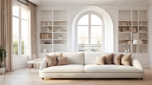 Modern living area with a minimalist interior design reminiscent of Paris. In a room with white classic panel walls, there is a bookcase and sofa set against french windows on a parquet floor. photo