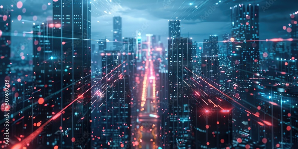 an immersive scene with a futuristic cityscape background, adorned with pulsating dots and dynamic lines, hinting at a technologically advanced metropolis