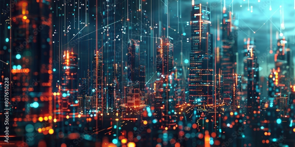 an immersive scene with a futuristic cityscape background, adorned with pulsating dots and dynamic lines, hinting at a technologically advanced metropolis