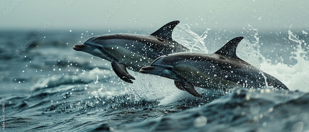 A portrait of dolphins jumping out of water with a big sea view and a big space for text or travel type product advertisement backdrop, Generative AI.