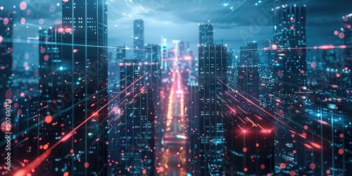 an immersive scene with a futuristic cityscape background, adorned with pulsating dots and dynamic lines, hinting at a technologically advanced metropolis photo