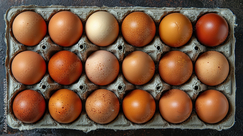 A dozen eggs sits on a table with two brown eggs in the center A dozen eggs sits on a table with two brown eggs in the center