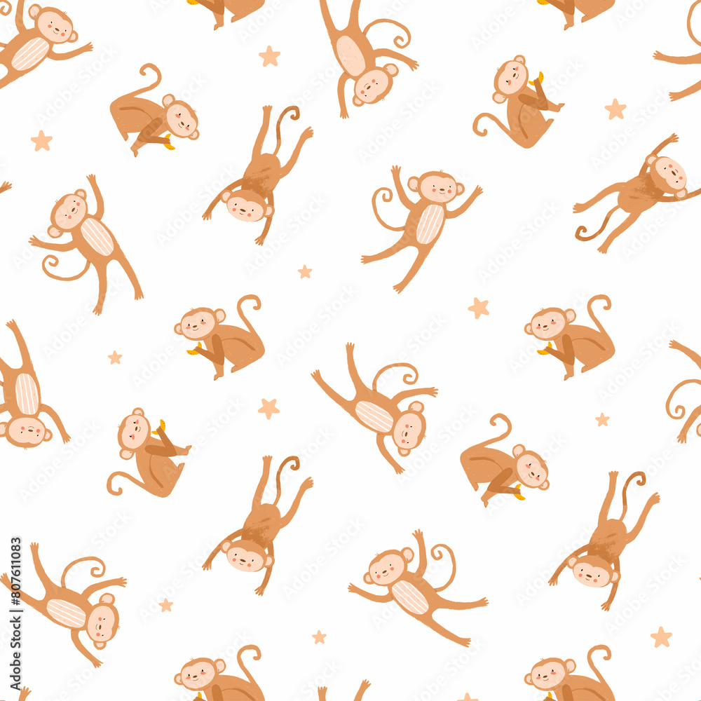 Cute kid's seamless pattern with hand drawn monkey. Children's print. Stock baby illustration. Surface background and wallpaper design. Cute kid's seamless pattern with hand drawn monkey. Children's print. Stock baby illustration. Surface background and wallpaper design.