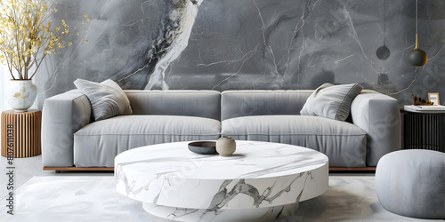 living room with a large couch and a coffee table, Modern living room with a prominent marble accent wall
