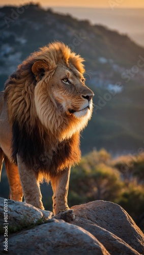 Majestic Guardian  Powerful Lion Stands Tall on Rock  Golden Mane Fluttering in Sunrise Breeze