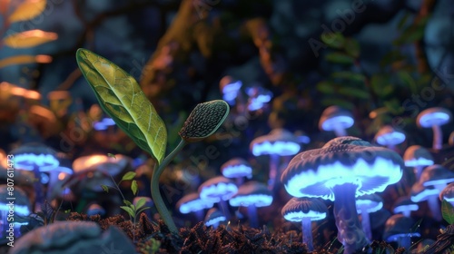  Seed sprouting in an alien jungle bioluminescent mushrooms around