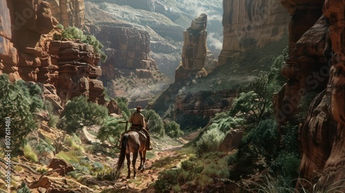 cowboy and his trusty horse traversing a rugged canyon trail, surrounded by towering rock formations and lush vegetation. 
