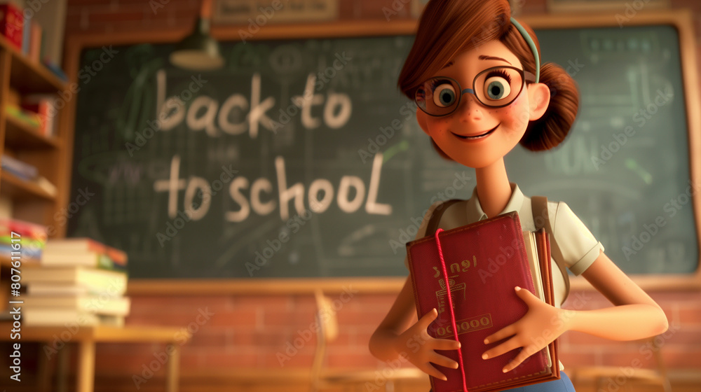Obraz premium a cute female teacher, , carrying some books, in front of the classroom, animated film style, tekst 