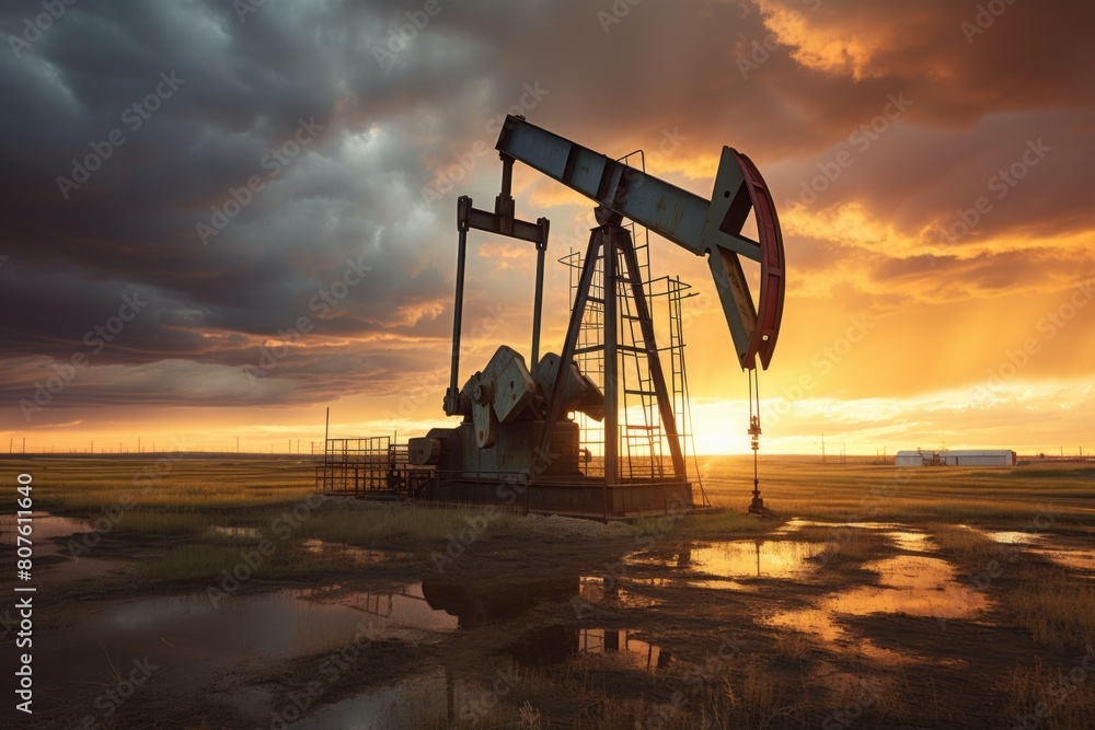 A Oil drilling machine in the desert, Industry, energy industry, gas station at sunset A Oil drilling machine in the desert, Industry, energy industry, gas station at sunset