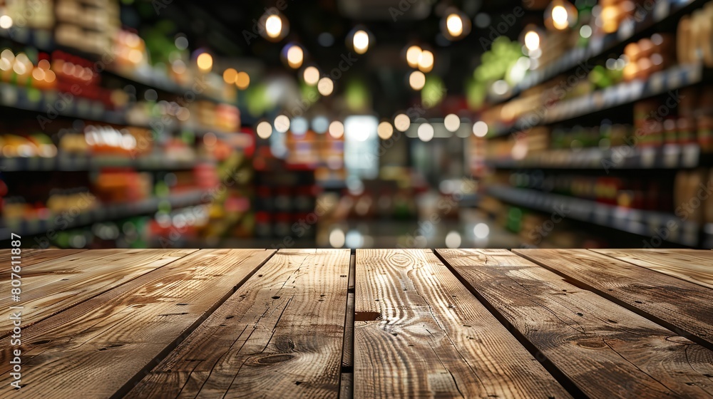A close shot of an empty wooden surface against a blurry supermarket backdrop with a big space for text or product advertisement background, Generative AI.