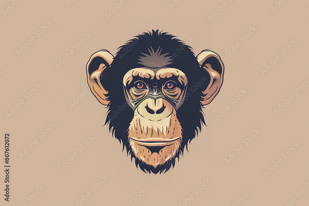 illustration of a detailed chimpanzee face on a beige illustration of a detailed chimpanzee face on a beige