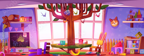 Messy kindergarten classroom cartoon background. Chaos in preschool nursery class room after children game. Kindergarden interior with scattered furniture after montessori daycare education activity. photo