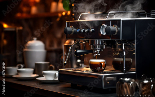 Coffee machine and coffee cup in coffee shop. Blurred background