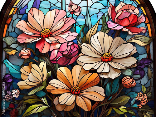 Colorful flowers in stained glass style Floral illustration for spring and summer background