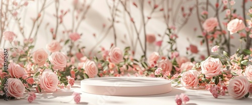 Experience The Natural Beauty Podium, Enhanced By A Backdrop Adorned With Delicate Pink Rose Flowers, Perfect For Showcasing Products, Background HD For Designer  © CgDesign4U
