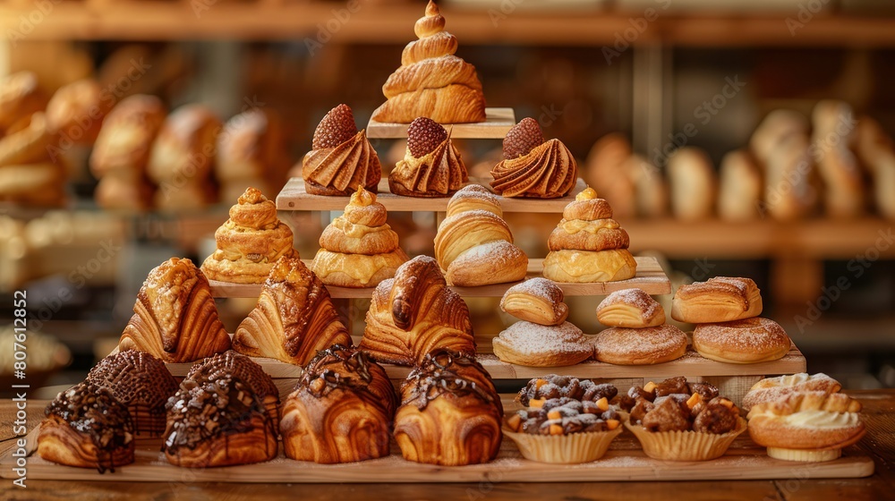 mouthwatering display of freshly baked pastries, arranged in a tempting pyramid on a bakery counter. mouthwatering display of freshly baked pastries, arranged in a tempting pyramid on a bakery counter.