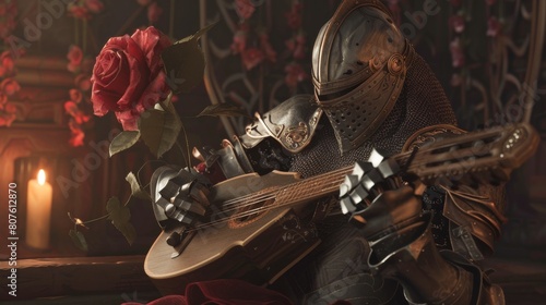 A gallant digital knight playing a lute photo