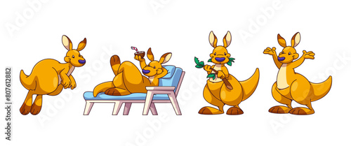 Cute kangaroo animals set isolated on white background. Vector cartoon illustration of funny australian animal jumping, lying on chaise lounge with coconut cocktail, eating leaves, waving hands, zoo