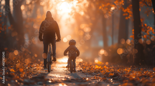 Father and child cycling together through a autumn forest
