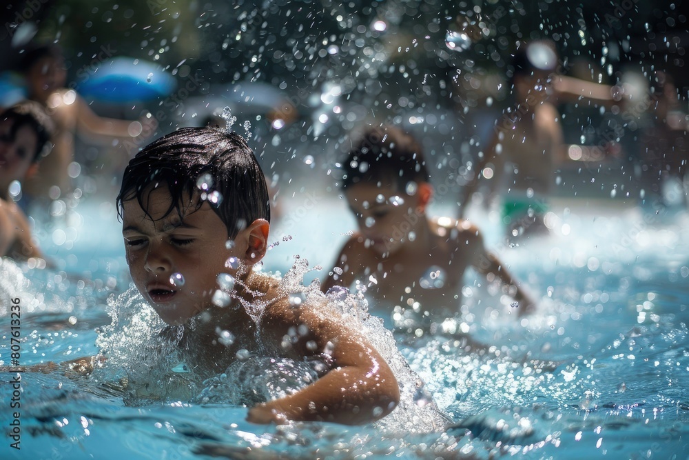 a young boy swimming in a pool of water