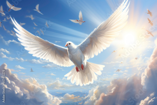 a white dove flying in the sky with sun rays