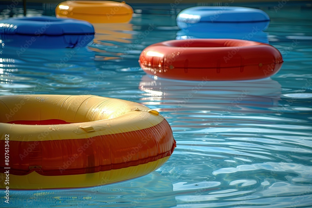 a group of inflatable floats floating in a pool