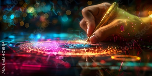 Signing a Business Contract in a Futuristic Setting: Close-up of a Professional Hand. Concept Business Contract, Futuristic Setting, Close-up Shot, Professional Hand, Modern Technology