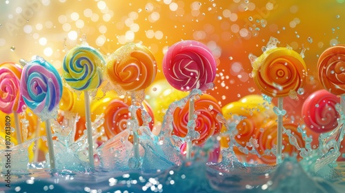   vibrant scene of colorful lollipops being hand-dipped into a vat of molten sugar.  photo