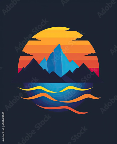 sunset between mountains and sea logo vector illustration