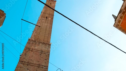 Revealing the Two Towers of Bologna, Garisenda and Asinelli, iconic in Emilia-Romagna, Italy, echo the rich medieval history of the city photo
