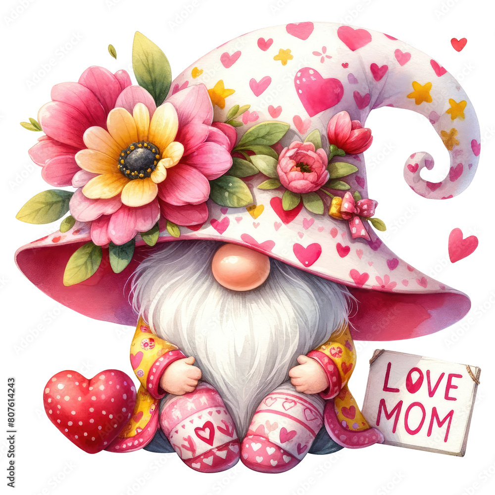 Cute cartoon gnome with pink hat and floral decoration holding a heart that says Love Mom.