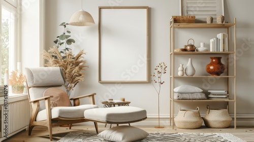 Blank Horizontal Poster Frame Mockup in Modern Scandinavian Living Room
