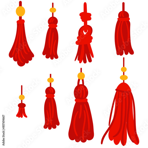 A set of brushes with bright red threads that are ideal for needlework, DIY or textile design. Various shapes of tassels made of threads with gold beads. Isolated elements