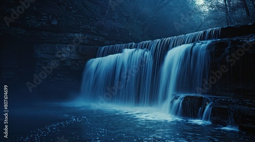 Fototapeta Naklejka Na Ścianę i Meble -    waterfall illuminated by the soft glow of moonlight, its waters shimmering with an ethereal radiance, captured with a slow shutter speed to create a serene and dreamlike atmosphere.