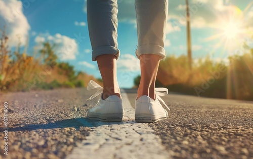 Woman in white sneakers standing on asphalt road towards the sun. The concept of a new beginning, which is very beautiful