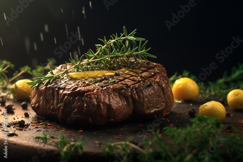 grilled beef sirloin steak with vegetables and herbs with copy space for text. Recipe idea, minion file, created by AI