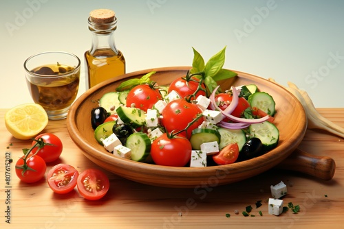 Greek salad with fresh vegetables, feta cheese and olives on a table, created by AI photo