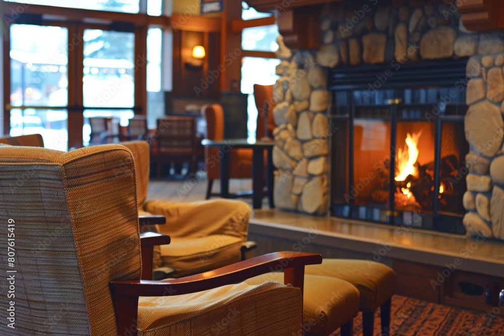 A cozy empty hotel lobby with a crackling fireplace and oversized armchairs, inviting guests to relax and enjoy a moment of quiet solitude, Generative AI A cozy empty hotel lobby with a crackling fireplace and oversized armchairs, inviting guests to relax and enjoy a moment of quiet solitude, Generative AI