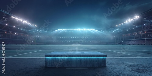 A close shot of an empty podium in the middle of the football field with a big space for text or sports type product advertisement background, Generative AI. photo