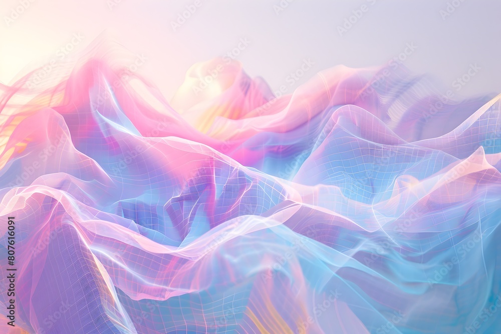 Fototapeta premium Pixelated Waves of Light Cascading Through a Gradient Realm of Soft Pastels in a Minimalist Digital Dreamscape