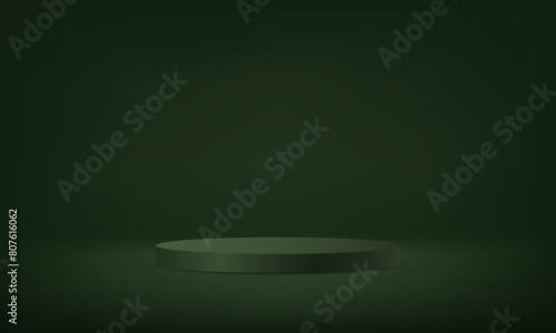 Dark green cylinder pedestal podium. Minimal wall scene. Space for selling products on the website. Business backdrop. Vector illustration.