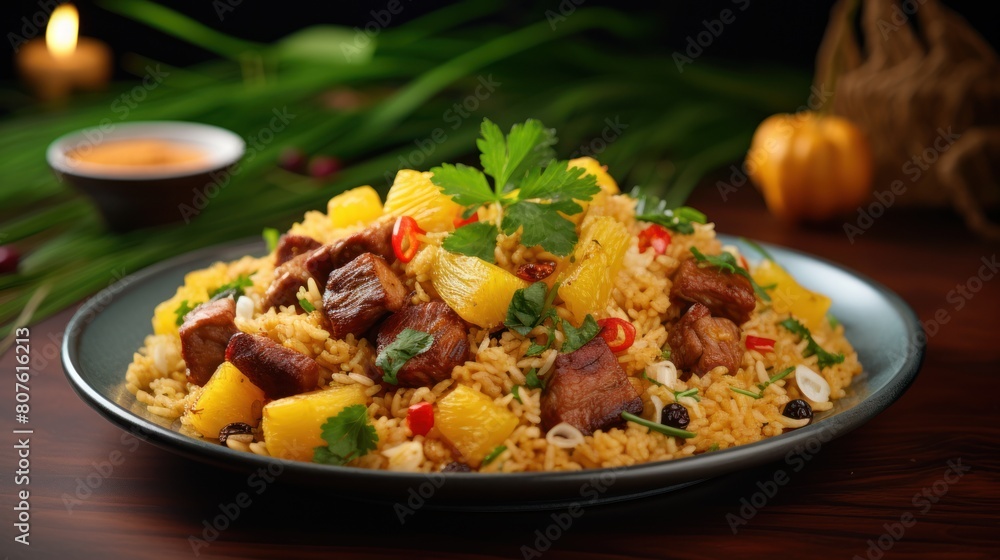 Khao Pad Sapparot, featuring stir-fried pineapple rice studded with juicy pork chunks, Thai food Khao Pad Sapparot, featuring stir-fried pineapple rice studded with juicy pork chunks, Thai food
