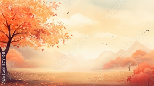 Abstract autumn landscape. Tree with falling leaves, bare earth, desert mountains and flying away birds, copy space.