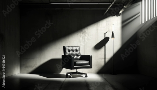 ミニマルな室内空間 社長椅子 照明 コンクリート ドラマチック 壁 光と影 映画のような
