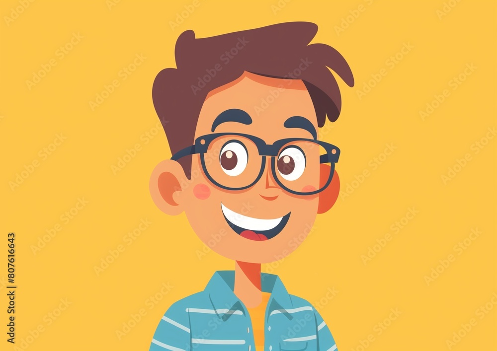 Happy Cartoon Boy with Glasses on Yellow Background Smiling Happy Cartoon Boy with Glasses on Yellow Background Smiling