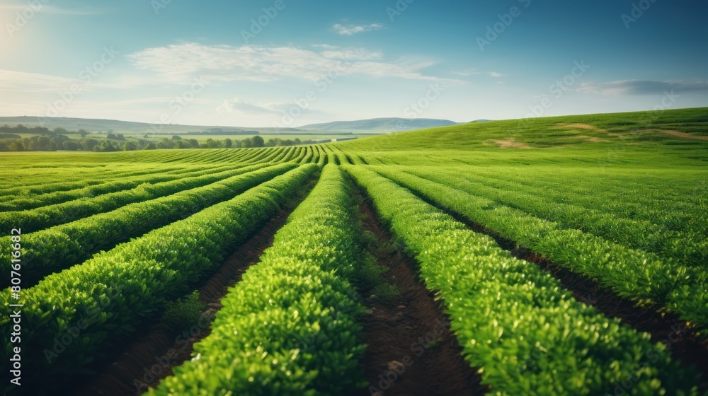 green farm with rows of crops stretching towards the horizon, 