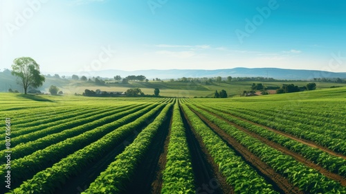 green farm with rows of crops stretching towards the horizon  