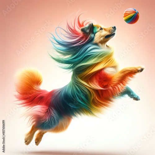 dog rainbow colors playing with ball