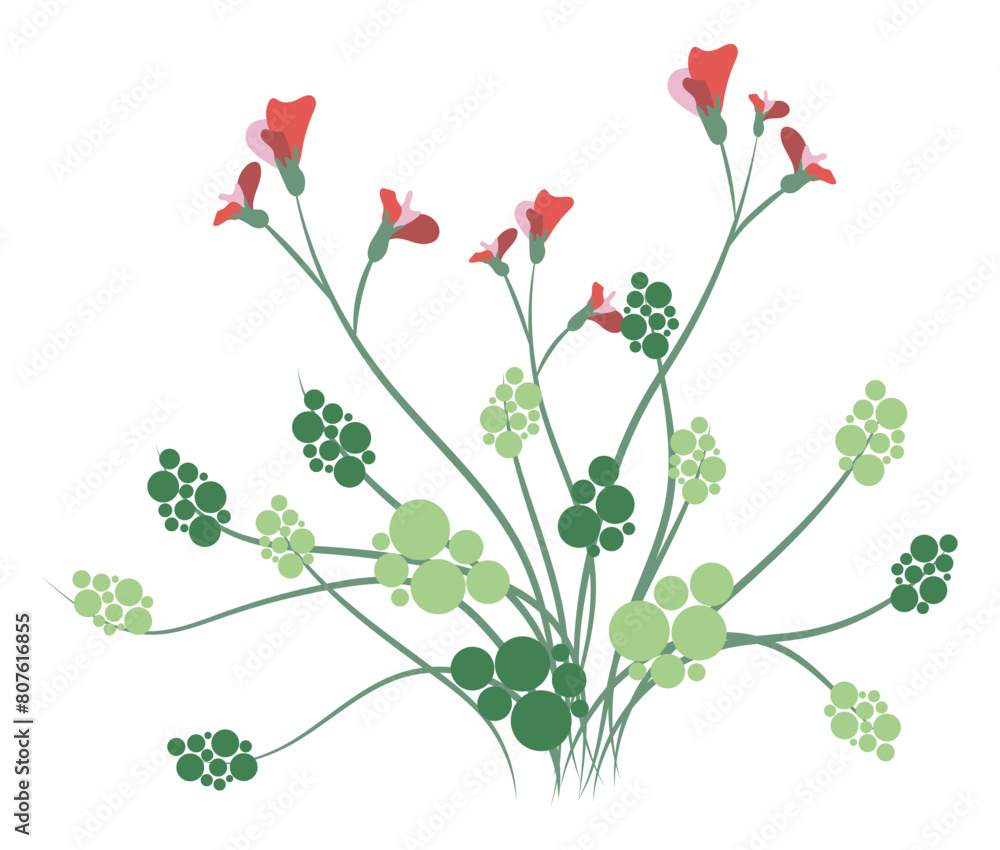 Abstract red wildflowers with leaves in flat design. Delicate blooming flowers. Vector illustration isolated.