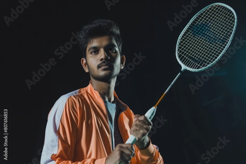 Indian male badminton player holding his racket on dark background, posing for a picture and ready to play game. Fictional Character Created by Generative AI. photo